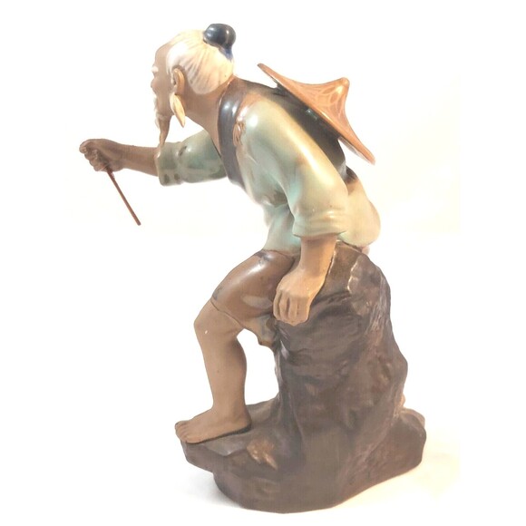 Vintage Chinese Shiwan Artistic Ceramic Mudman Fisherman Glazed Figurine 8" tall - Picture 3 of 10